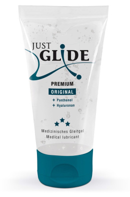Żel/lubrykant na bazie wody, Just Glide Premium, z pantenolem i kwasem hialuronowym, tubka 50 ml