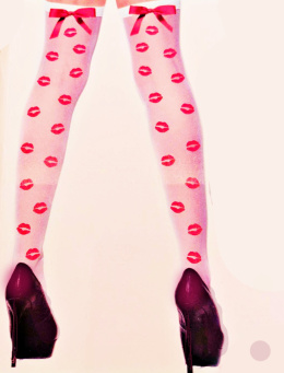 Pończochy samonośne we wzór, z kokardami, białe, rozmiar uniwersalny