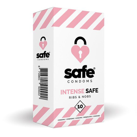 Prezerwatywy Safe Condoms Ribs & Nobs, wygodne, wysokiej jakości, prążkowanie i wypustki, 10 szt.