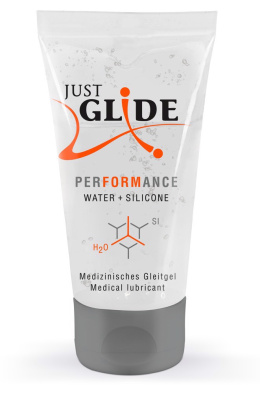 Lubrykant (żel) hybrydowy, silikon+woda, bezpieczny dla prezerwatyw, Just Glide Performance, 50 ml