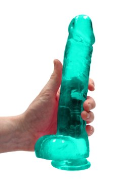 Dildo na przyssawce, 9.0, krystalicznie szmaragdowe, z jądrami, TPE