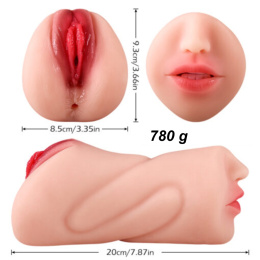 Masturbator ręczny, dwustronny, cyberskóra, 780 g, 3 otwory (wagina, anus, usta), bardzo realistyczny