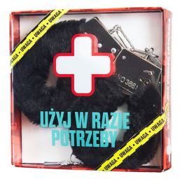 Metalowe kajdanki z futrem, opakowanie z zabawnym napisem