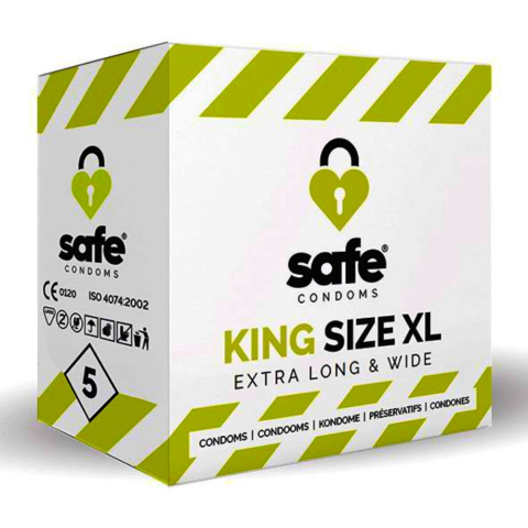 Prezerwatywy wysokiej jakości, Safe Condoms King Size XL, wygodne, duży rozmiar (60 mm), 5 szt.