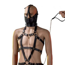 Kostium niewolnika, męska uprząż na ciało i głowę, skóra naturalna, Roomfun