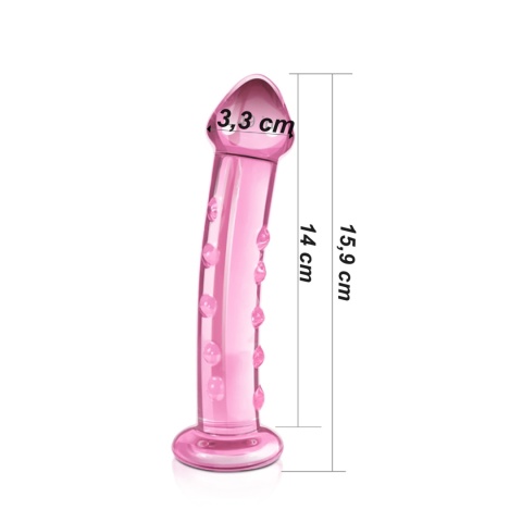 Dildo szklane, zagięte, z wypustkami, różowe, przezroczyste
