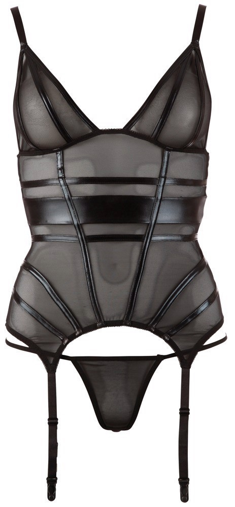 Gorset, stringi i pończochy, komplet bielizny Cottelli, wetlook i siateczka