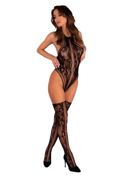 Komplet bielizny erotycznej Lares, czarny, body i pończochy samonośne, LivcoCorsetti