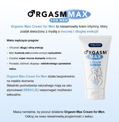Krem dla mężczyzn, OrgasmMax, wspomaga erekcję, pielęgnuje skórę penisa, 50 ml