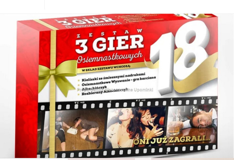 Zestaw 3 gier planszowych i karcianych, osiemnastkowa imrezowa towarzyska, z kieliszkami.