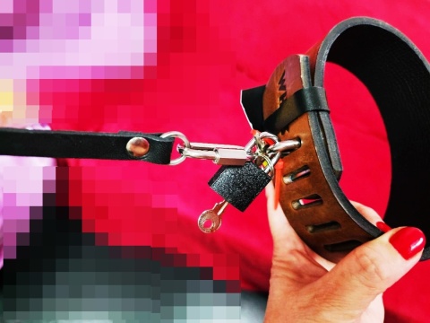 Obroża premium, brązowa, zapinana na kłódkę, ze smyczą z łańcucha i skóry, skóra naturalna, Whips