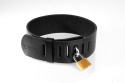 Obroża premium, czarna, zapinana na kłódkę, ze smyczą z łańcucha i skóry, skóra naturalna, Whips