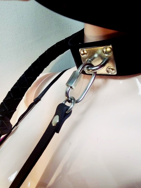 Obroża premium, czarna, ze smyczą z łańcucha i skóry, skóra naturalna, Whips