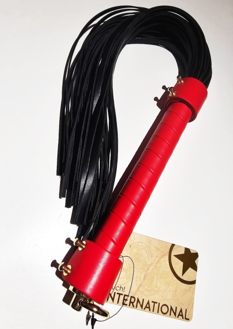 Pejcz typu dyscyplina, długi flogger, skóra syntetyczna, drewno, złote wykończenia, Shots