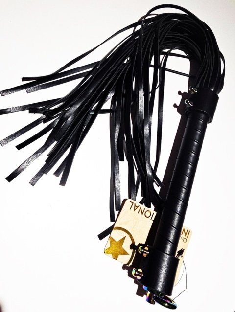 Pejcz typu dyscyplina, długi flogger, skóra syntetyczna, drewno, złote wykończenia, Shots