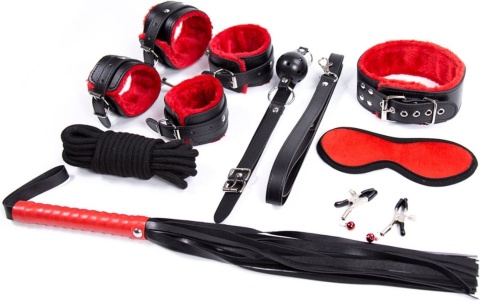 Zestaw zabawek erotycznych BDSM, 9 części (kajdanki na ręcę i nogi, obroża, smycz, pejcz, maska knebel, lina, klamerki na sutki)