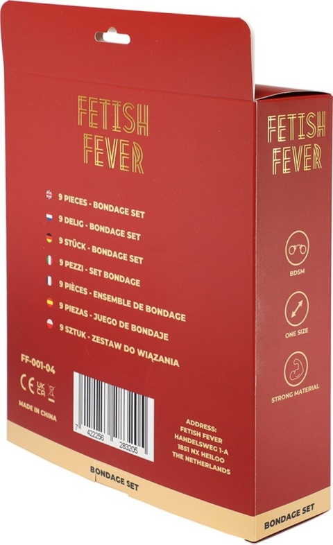 Zestaw zabawek erotycznych BDSM, 9 części (kajdanki na ręcę i nogi, obroża, smycz, pejcz, maska knebel, lina, klamerki na sutki)