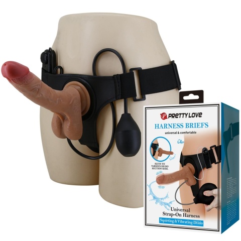 Strap-on Oher, wibracje i wytrysk, wersja zakładane przez kobietę, dildo z jądrami na przyssawce, TPR