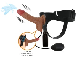 Strap-on Oher, wibracje i wytrysk, wersja zakładane przez kobietę, dildo z jądrami na przyssawce, TPR