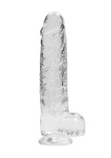 Dildo na przyssawce, 9.0, z jądrami, krystalicznie przejrzyste, bladoróżowe lub fiołkowe, TPE