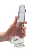 Dildo na przyssawce, 9.0, z jądrami, krystalicznie przejrzyste, bladoróżowe lub fiołkowe, TPE