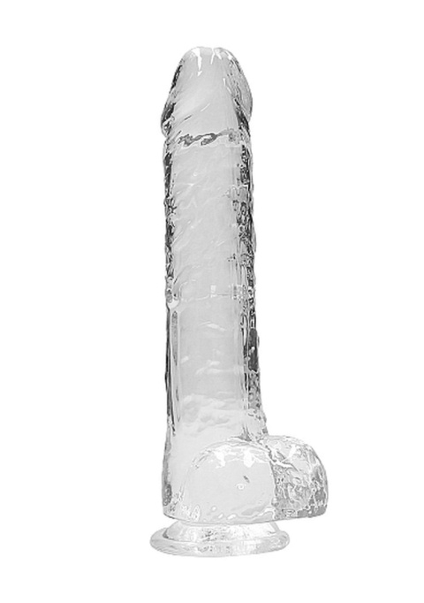 Dildo na przyssawce, 9.0, z jądrami, krystalicznie przejrzyste, bladoróżowe lub fiołkowe, TPE