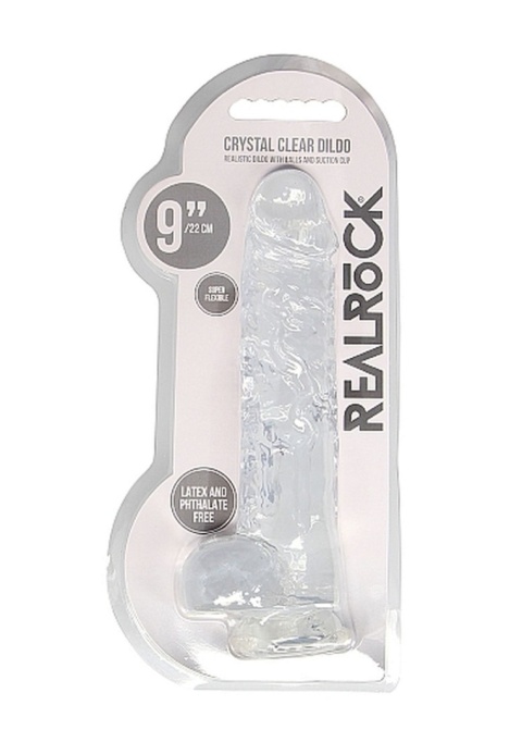 Dildo na przyssawce, 9.0, z jądrami, krystalicznie przejrzyste, bladoróżowe lub fiołkowe, TPE