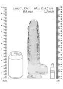 Dildo na przyssawce, 9.0, z jądrami, krystalicznie przejrzyste, bladoróżowe lub fiołkowe, TPE
