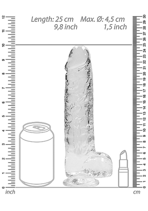 Dildo na przyssawce, 9.0, z jądrami, krystalicznie przejrzyste, bladoróżowe lub fiołkowe, TPE