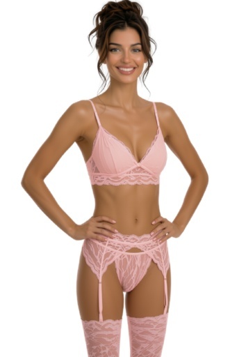 Komplet bielizny erotycznej Flooranis Peach, 4 części, biustonosz, pasek do pończoch, stringi, pończochy, LivcoCorsetti