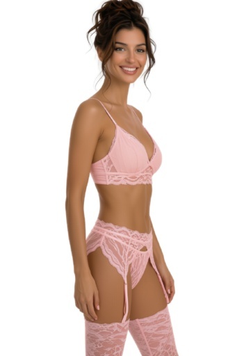 Komplet bielizny erotycznej Flooranis Peach, 4 części, biustonosz, pasek do pończoch, stringi, pończochy, LivcoCorsetti